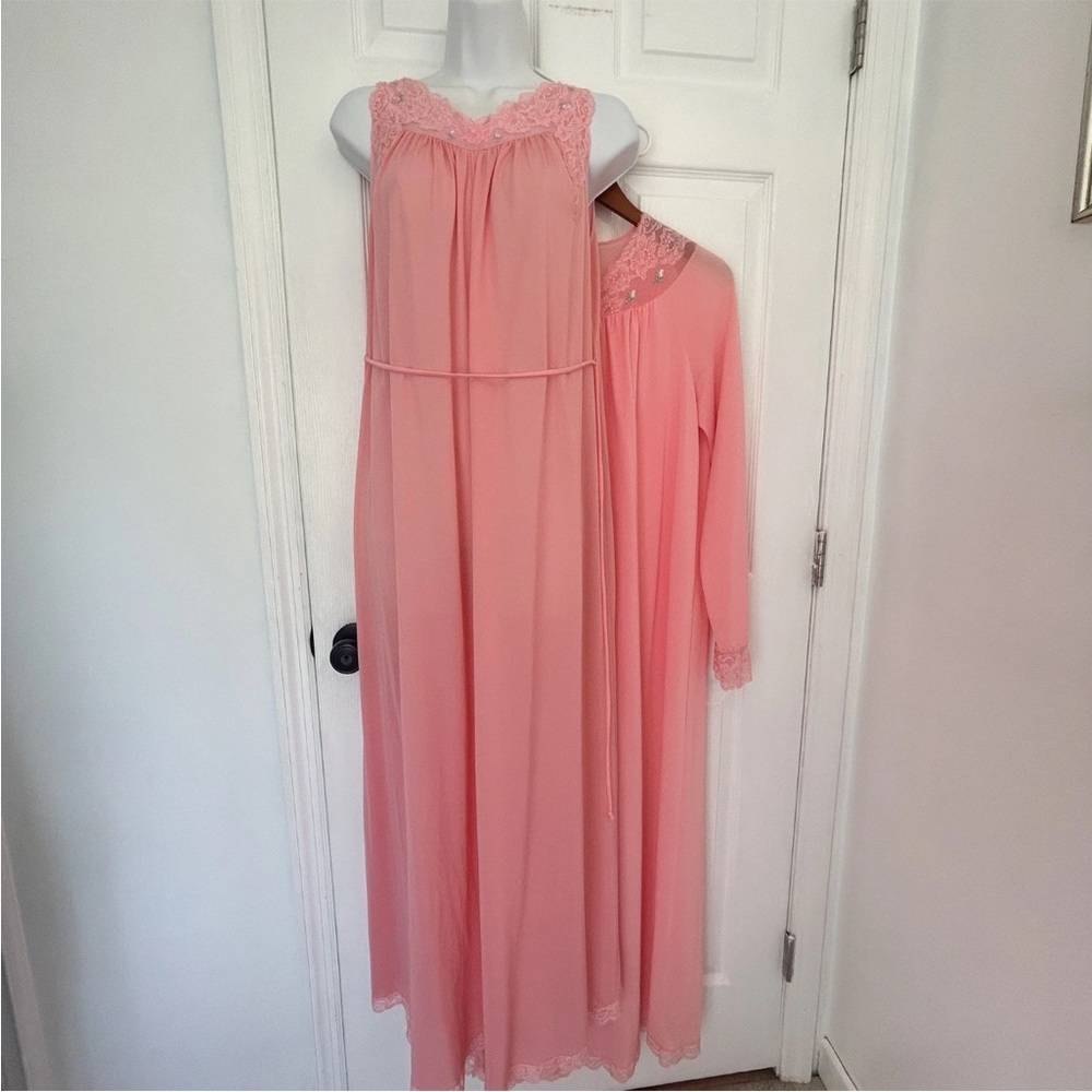 Peignoir Set Nightgown and Robe Set Pink Lace Trim Women's small 54” long